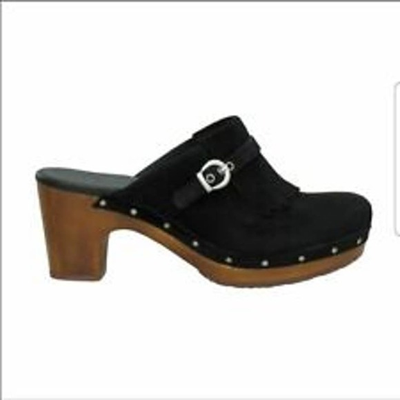 UGG Women 6 Gweneth Platform Mules Clogs Black Suede Fringe - Picture 1 of 9